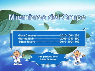 •Sara Caceres---------------------------2010-1001-220
•Norma Elvir------------------------------2009-1013-300
•Edgar Rivera----------------------------2010- 1001-769




                  3er periodo 2011
                   26 de Octubre
 