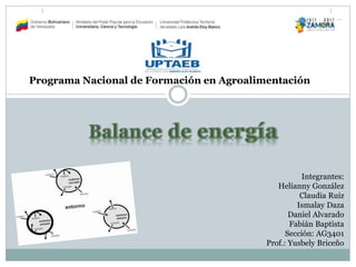 Programa Nacional de Formación en Agroalimentación
Integrantes:
Helianny González
Claudia Ruiz
Ismalay Daza
Daniel Alvarado
Fabián Baptista
Sección: AG3401
Prof.: Yusbely Briceño
 