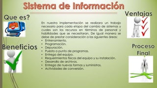En nuestra implementación se realizara un trabajo
necesario para cada etapa del cambio de sistemas y
cuales son los recursos en términos de personal y
habilidades que se necesitaran. De igual manera se
debe de prestar consideración a las siguientes áreas:
• Entrenamiento.
• Programación.
• Depuración.
• Puesta a punto de programas.
• Entrega del equipo.
• Requerimientos físicos del equipo y su instalación.
• Desarrollo de archivos.
• Entrega de nuevas formas y suministros.
• Actividades de conversión.

 