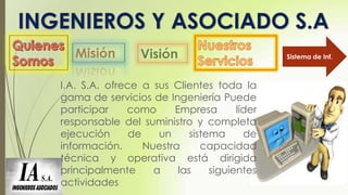 Sistema de Inf.

I.A. S.A. ofrece a sus Clientes toda la
gama de servicios de Ingeniería Puede
participar
como
Empresa
líder
responsable del suministro y completa
ejecución
de
un
sistema
de
información.
Nuestra
capacidad
técnica y operativa está dirigida
principalmente
a
las
siguientes
actividades

 