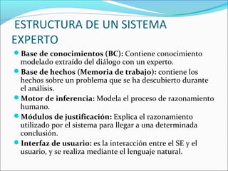 Base de conocimientos (BC): Contiene conocimiento
modelado extraído del diálogo con un experto.
Base de hechos (Memoria de trabajo): contiene los
hechos sobre un problema que se ha descubierto durante
el análisis.
Motor de inferencia: Modela el proceso de razonamiento
humano.
Módulos de justificación: Explica el razonamiento
utilizado por el sistema para llegar a una determinada
conclusión.
Interfaz de usuario: es la interacción entre el SE y el
usuario, y se realiza mediante el lenguaje natural.
ESTRUCTURA DE UN SISTEMA
EXPERTO
 
