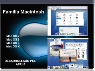 Familia Macintosh



 Mac OS 7
 Mac OS 8
 Mac OS 9
 Mac OS X




DESARROLLADO POR
     APPLE
 