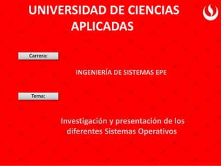 UNIVERSIDAD DE CIENCIAS
APLICADAS
Investigación y presentación de los
diferentes Sistemas Operativos
INGENIERÍA DE SISTEMAS EPE
Carrera:
Tema:
 