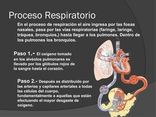 Proceso Respiratorio
  En el proceso de respiración el aire ingresa por las fosas
  nasales, pasa por las vías respiratorias (faringe, laringe,
  tráquea, bronquios,) hasta llegar a los pulmones. Dentro de
  los pulmones los bronquios.


 Paso 1.-     El oxígeno tomado
 en los alvéolos pulmonares es
 llevado por los glóbulos rojos de
 la sangre hasta el corazón.


  Paso 2.- Después es distribuido por
  las arterias y capilares arteriales a todas
  las células del cuerpo,
  fundamentalmente a aquellas que están
  efectuando el mayor desgaste de
  oxigeno.
 