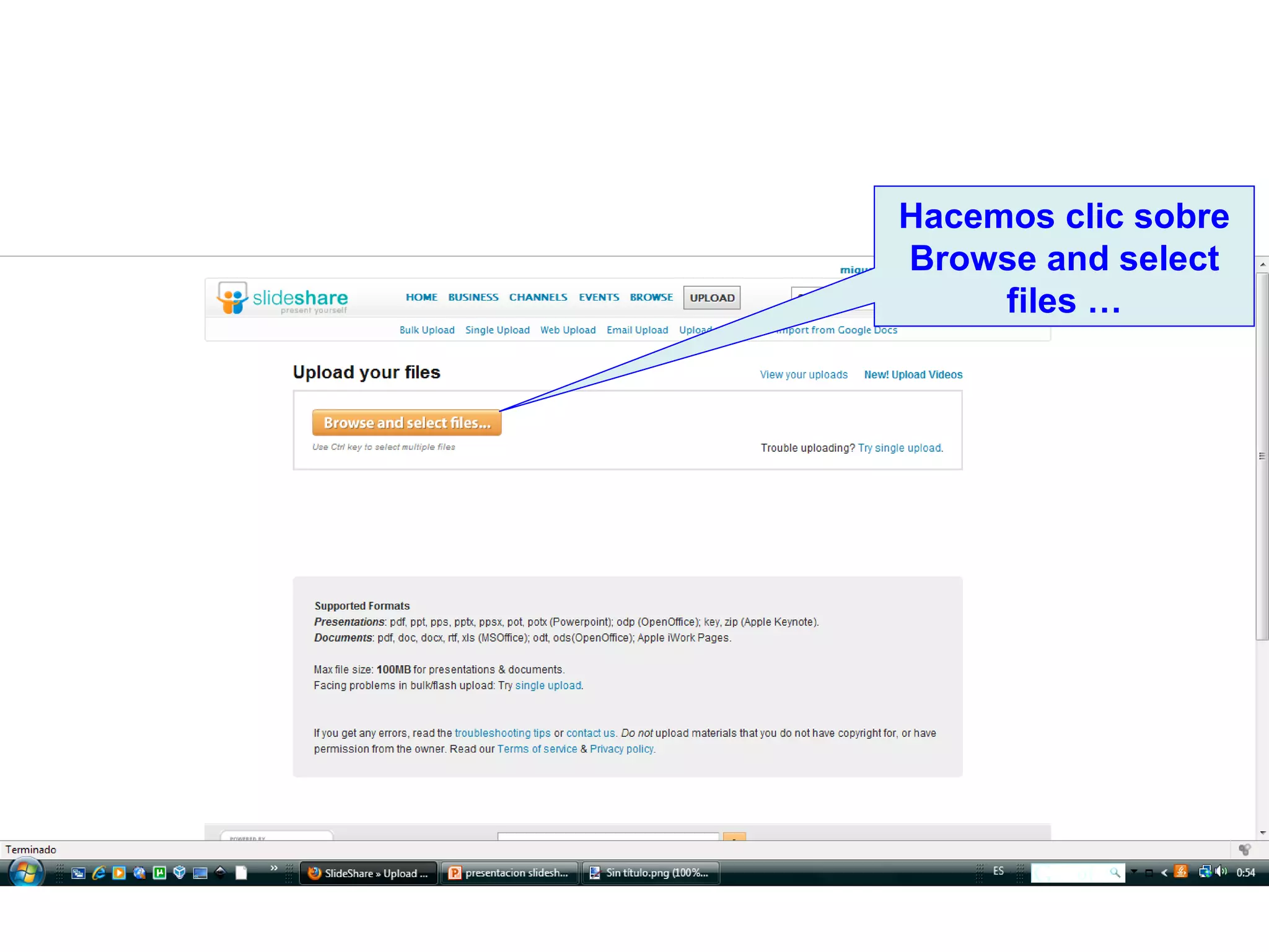 Hacemos clic sobre Browse and select files … 