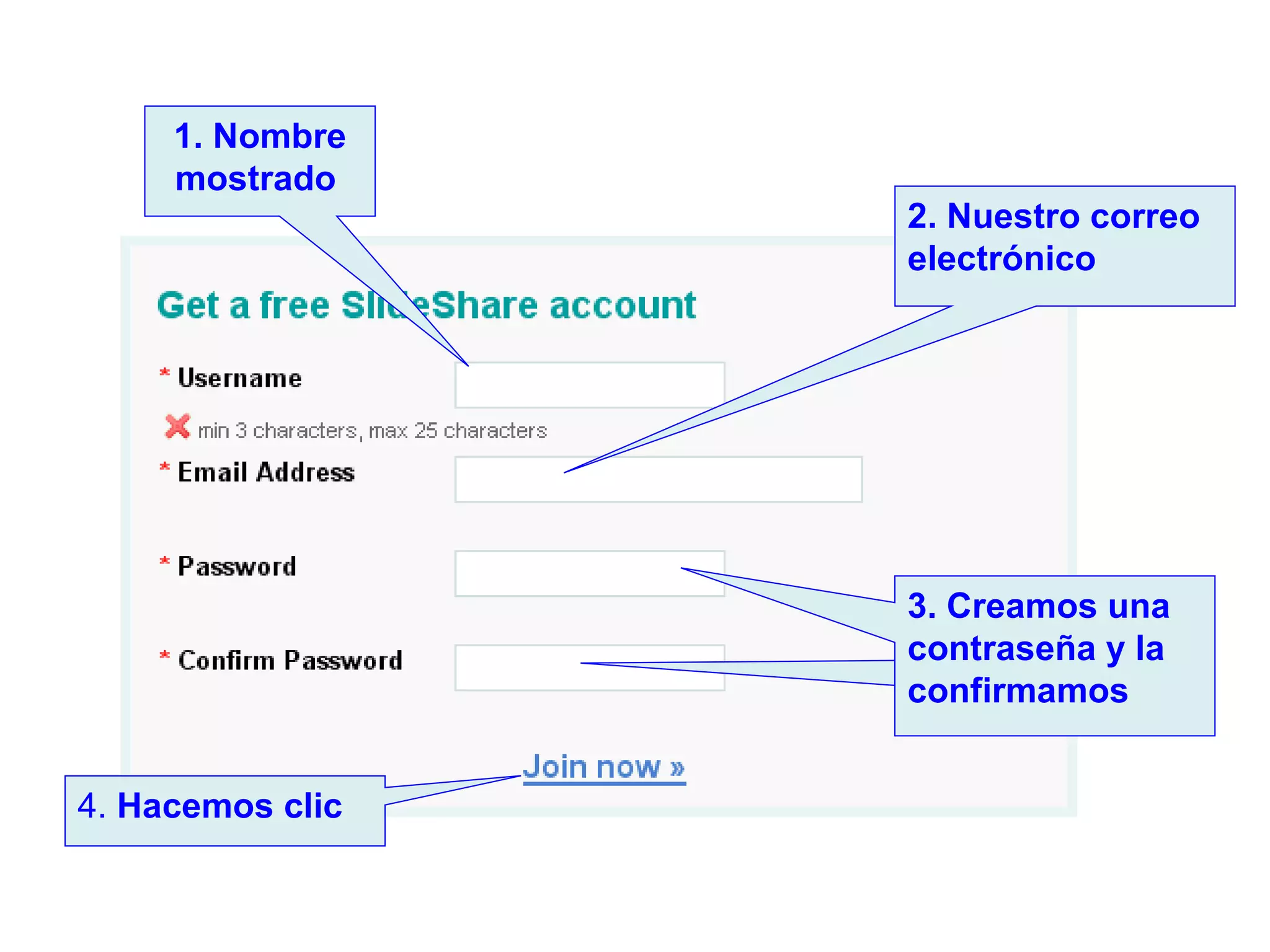 2. Nuestro correo electrónico 1. Nombre mostrado   3. Creamos una contraseña y la confirmamos 4.  Hacemos clic 