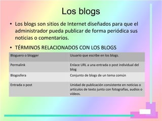 Los blogs
● Los blogs son sitios de Internet diseñados para que el
administrador pueda publicar de forma periódica sus
noticias o comentarios.
● TÉRMINOS RELACIONADOS CON LOS BLOGS
Bloguero o blogger Usuario que escribe en los blogs.
Permalink Enlace URL a una entrada o post individual del
blog
Blogosfera Conjunto de blogs de un tema común
Entrada o post Unidad de publicación consistente en noticias o
artículos de texto junto con fotografías, audios o
vídeos.
 
