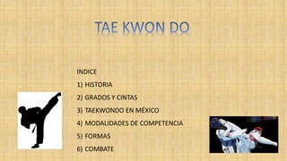 INDICE
1) HISTORIA
2) GRADOS Y CINTAS
3) TAEKWONDO EN MÉXICO
4) MODALIDADES DE COMPETENCIA
5) FORMAS
6) COMBATE
 
