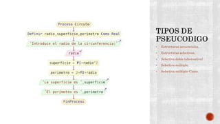• Estructuras secuenciales.
• Estructuras selectivas.
• Selectiva doble (alternativa)
• Selectiva múltiple.
• Selectiva múltiple-Casos.
 