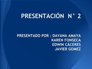 PRESENTACIÓN N° 2


PRESENTADO POR : DAYANA AMAYA
                KAREN FONSECA
                 EDWIN CÁCERES
                  JAVIER GOMEZ
 