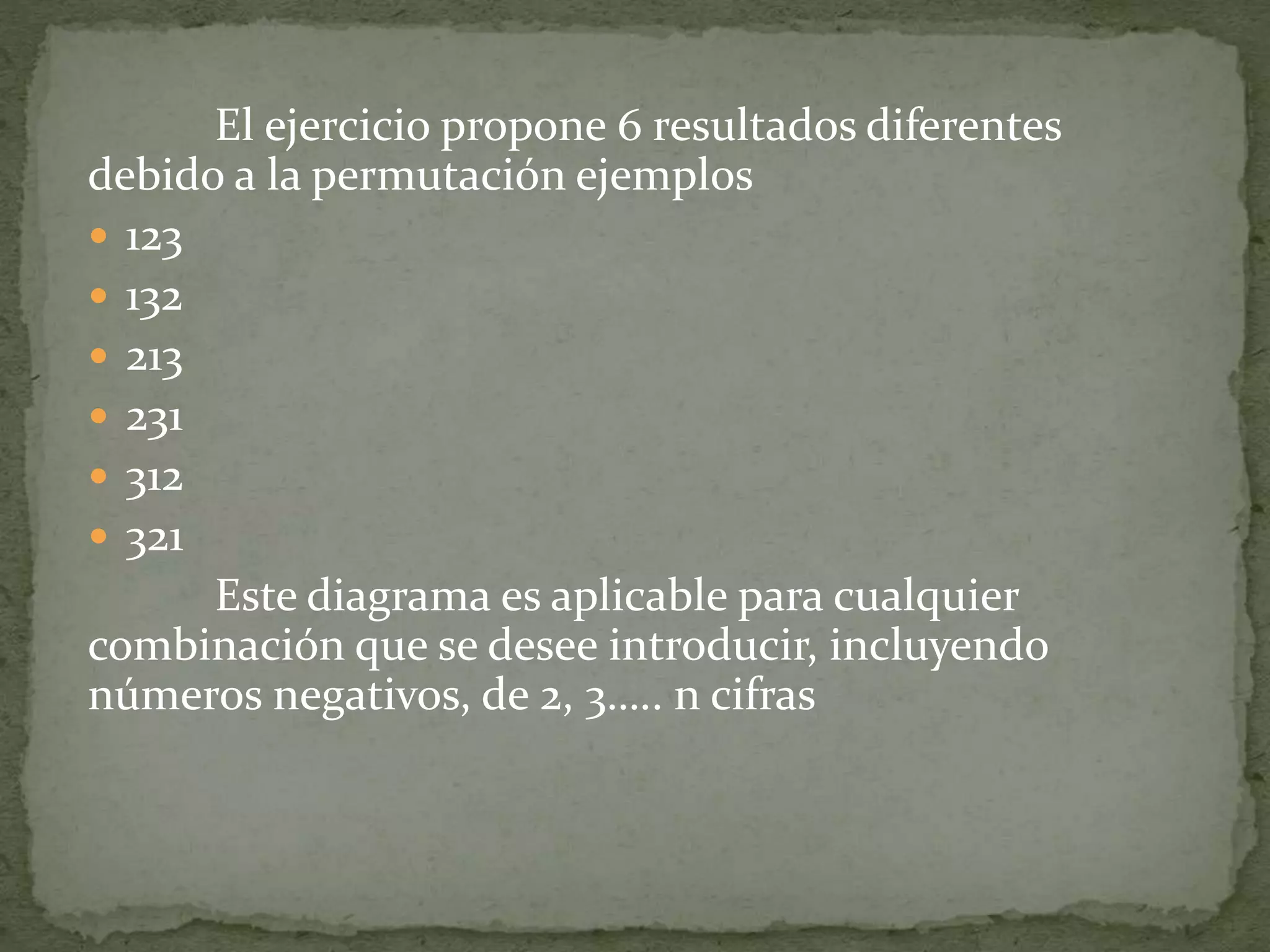 El ejercicio propone 6 resultados diferentes
debido a la permutación ejemplos
 123
 132
 213
 231
 312
 321
Este diagrama es aplicable para cualquier
combinación que se desee introducir, incluyendo
números negativos, de 2, 3….. n cifras
 