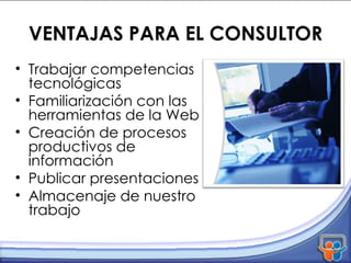 VENTAJAS PARA EL CONSULTOR Trabajar competencias tecnológicas Familiarización con las herramientas de la Web Creación de procesos productivos de información Publicar presentaciones Almacenaje de nuestro trabajo 