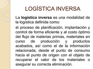 LOGÍSTICA INVERSA 
La logística inversa es una modalidad de 
la logística definida como: 
el proceso de planificación, implantación y 
control de forma eficiente y al costo óptimo 
del flujo de materias primas, materiales en 
curso de producción y productos 
acabados, así como el de la información 
relacionada, desde el punto de consumo 
hacia el punto de origen con el objeto de 
recuperar el valor de los materiales o 
asegurar su correcta eliminación. 
 