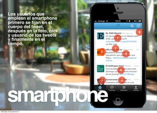 Los usuarios que
          emplean el smartphone
          primero se ﬁjan en el
          cuerpo del tweet,
          después en la foto, nick                       8
          y usuario de los tweets
                                             1
          y ﬁnalmente en el
          tiempo.
                                         7
                                     5
                                                     2




                                                 6


                                     3           4




         smartphone
miércoles 10 de abril de 13
 