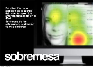 Focalización de la
            atención en el cuerpo
            del tweet tanto en los
            smartphones como en el
            iPad.
            En el caso de los
            sobremesa, la atención
            es más dispersa.




         sobremesa
miércoles 10 de abril de 13
 