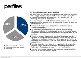 perfiles
                                                     Los profesionales de las Redes Sociales
                                                     Nos referimos a todos aquellos profesionales que hacen de Twitter su
                                                     canal principal de comunicación profesional o al menos lo emplean
                                                     de manera muy principal. Entre estos podemos destacar a los
                                                     community managers o los bloggers.
                                                     Su comportamiento en Twitter tiene mucho que ver con la
                                                     conversación, con la interacción con el resto de usuarios de la red, ya
              34%                           37%
                                                     sean contactos o no.
                                                     • Por ese motivo consumen temas relacionados con el Social
                                                       Media, la Tecnología...
                                                     • La profesionalización hace que sus cuentas cuenten con un
                                                       elevadísimo número de contactos, por lo que su “Conecta” es un
                                                       hervidero que visitan con mucha más asiduidad que el resto de los
                                                       perﬁles.

                              29%                    • Como hemos visto la activación emocional se dispara cuando
                                                       estamos en contacto con otras personas, por lo que este perﬁl es
                                                       el que experimenta una interacción más emocional con Twitter, ya
                                                       que es el que más interacciones con otros usuarios realiza durante
                                                       sus sesiones.

               Profesionales de las Redes Sociales
                                                     • Emplean las Listas como sistema de organización de su cuenta y
                                                       una vez que las comienzan a crear las emplean intensivamente,
               Profesionales en las Redes Sociales     habiéndose detectado una media de 11 por participante.
               Particulares
                                                     • Cuentan con el menor índice de tolerancia a la espera durante la
                                                       carga de archivos externos a Twitter.



miércoles 10 de abril de 13
 