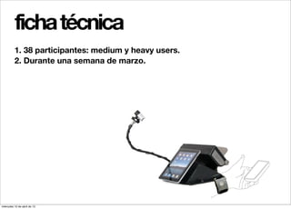 ficha técnica
          1. 38 participantes: medium y heavy users.
          2. Durante una semana de marzo.




miércoles 10 de abril de 13
 