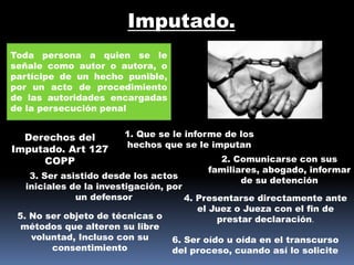 Imputado.
Toda persona a quien se le
señale como autor o autora, o
partícipe de un hecho punible,
por un acto de procedimiento
de las autoridades encargadas
de la persecución penal
Derechos del
Imputado. Art 127
COPP
1. Que se le informe de los
hechos que se le imputan
2. Comunicarse con sus
familiares, abogado, informar
de su detención
3. Ser asistido desde los actos
iniciales de la investigación, por
un defensor 4. Presentarse directamente ante
el Juez o Jueza con el fin de
prestar declaración.5. No ser objeto de técnicas o
métodos que alteren su libre
voluntad, Incluso con su
consentimiento
6. Ser oído u oída en el transcurso
del proceso, cuando así lo solicite
 