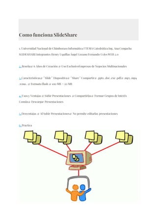 Como funciona SlideShare
1. Universidad Nacional de Chimborazo Informática I TEMA Catedrática Ing. Ana Congacha
SLIDESHARE Integrantes Henry Uquillas Ángel Lozano Fernando Ucles WEB 2.0
2. Reseña@ 6 Años de Creación @ Uso ExclusivoEmpresas de Negocios Multinacionales
3. Caracteristicas@ ´´Slide´´ Diapositiva@ ´´Share´´ Compartir@ .pptx .doc .exe .pdf@ .mp3 .mp4
.wma . @ Formato flash @ 100 MB = 20 MB
4. Usos y Ventajas @ Subir Presentaciones @ Compartirlas@ Formar Grupos de Interés
Común@ Descargar Presentaciones
5. Desventajas @ Al Subir Presentaciones@ No permite editarlas presentaciones
6. Practica
 