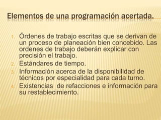 Elementos de una programación acertada.
1. Órdenes de trabajo escritas que se derivan de
un proceso de planeación bien concebido. Las
ordenes de trabajo deberán explicar con
precisión el trabajo.
2. Estándares de tiempo.
3. Información acerca de la disponibilidad de
técnicos por especialidad para cada turno.
4. Existencias de refacciones e información para
su restablecimiento.
 
