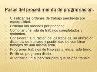 Pasos del procedimiento de programación.
1. Clasificar las ordenes de trabajo pendiente por
especialidad.
2. Ordenar las ordenes por prioridad.
3. Compilar una lista de trabajos completados y
restantes.
4. Considerar la duración de los trabajos, su ubicación,
distancia de traslado y posibilidad de combinar
trabajos de una misma área.
5. Programar trabajos de limpieza al iniciar ada turno.
6. Emitir un programa diario.
7. Autorizar a un supervisor para que asigne trabajo.
 