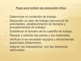 Pasos para realizar una planeación eficaz.
1. Determinar el contenido de trabajo .
2. Desarrollo un plan de trabajo (secuencia de
actividades, establecimiento de tiempos y
procedimientos de trabajo)
3. Establecer el tamaño de la cuadrilla de trabajo.
4. Planear y solicitar las partes y los materiales.
5. Verificar si se necesitan equipos y herramientas
especiales (obtenerlos).
6. Asignar los trabajadores con las destrezas
adecuadas.
 