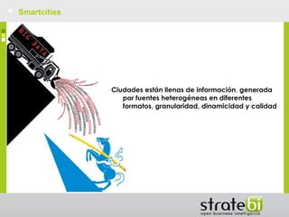 Smartcities

Ciudades están llenas de información, generada
por fuentes heterogéneas en diferentes
formatos, granularidad, dinamicidad y calidad

 