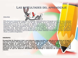 LOS DIFICULTADES DEL APRENDIZAJE
DISGRAFIA
IIncapacidad de reproducir total o parcialmente rasgos escritos. Se trata de un...