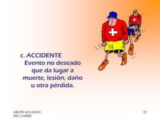 c. ACCIDENTE
     Evento no deseado
       que da lugar a
    muerte, lesión, daño
       u otra pérdida.



GRUPO ACUATICO             22
DEL CARIBE
 