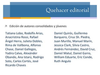 Quehacer editorial
ì  Edición	de	autores	consolidados	y	jóvenes	
Tatiana	Lobo,	Rodolfo	Arias,	
Anacristina	Rossi,	Rafael	
...