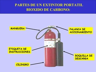 PARTES DE UN EXTINTOR PORTATIL
        BIOXIDO DE CARBONO:



MANGUERA                   PALANCA DE
                           ACCIONAMIENTO




ETIQUETA DE
INSTRUCCIONES
                              BOQUILLA DE
                              DESCARGA

    CILINDRO
 