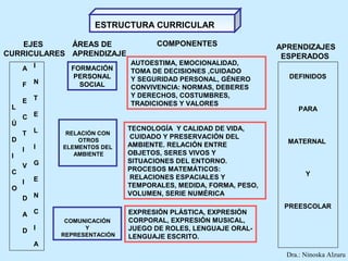 ESTRUCTURA CURRICULAR

    EJES     ÁREAS DE                COMPONENTES                 APRENDIZAJES
CURRICULARES APRENDIZAJE                                          ESPERADOS
                              AUTOESTIMA, EMOCIONALIDAD,
     A I       FORMACIÓN      TOMA DE DECISIONES ,CUIDADO
                PERSONAL      Y SEGURIDAD PERSONAL, GÉNERO         DEFINIDOS
     F   N       SOCIAL       CONVIVENCIA: NORMAS, DEBERES
                              Y DERECHOS, COSTUMBRES,
     E T                      TRADICIONES Y VALORES
 L                                                                     PARA
     C E
 Ú
         L                    TECNOLOGÍA Y CALIDAD DE VIDA,
     T        RELACIÓN CON
                              CUIDADO Y PRESERVACIÓN DEL
 D               OTROS                                             MATERNAL
         I   ELEMENTOS DEL    AMBIENTE. RELACIÓN ENTRE
     I                        OBJETOS, SERES VIVOS Y
 I              AMBIENTE
                              SITUACIONES DEL ENTORNO.
     V G                      PROCESOS MATEMÁTICOS:
 C                                                                       Y
         E                    RELACIONES ESPACIALES Y
     I                        TEMPORALES, MEDIDA, FORMA, PESO,
 O
                              VOLUMEN, SERIE NUMÉRICA
     D N
                                                                  PREESCOLAR
     A C                      EXPRESIÓN PLÁSTICA, EXPRESIÓN
              COMUNICACIÓN    CORPORAL, EXPRESIÓN MUSICAL,
     D I           Y          JUEGO DE ROLES, LENGUAJE ORAL-
             REPRESENTACIÓN   LENGUAJE ESCRITO.
         A
                                                                   Dra.: Ninoska Alzuru
 