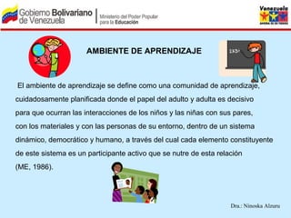AMBIENTE DE APRENDIZAJE



El ambiente de aprendizaje se define como una comunidad de aprendizaje,
cuidadosamente planificada donde el papel del adulto y adulta es decisivo
para que ocurran las interacciones de los niños y las niñas con sus pares,
con los materiales y con las personas de su entorno, dentro de un sistema
dinámico, democrático y humano, a través del cual cada elemento constituyente
de este sistema es un participante activo que se nutre de esta relación
(ME, 1986).




                                                                   Dra.: Ninoska Alzuru
 