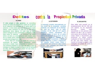 El robo propio o robo genérico, se caracteriza
porque el medio de perpetración usado por el agente
es la violencia o la amenaza de un grave daño a la
persona o a las cosas, para que sea el mismo sujeto
pasivo, quien entregue la cosa de la cual desea
apoderarse dicho agente. En este caso el sujeto
pasivo entrega la cosa constreñido u obligado a ello,
para evitar la violencia o la amenaza del sujeto
activo, es decir, su consentimiento está viciado, pues
EL ROBO
LA EXTORSIÓN EL SECUESTRO
La extorsión consiste, esencialmente, en
una lesión de la propiedad, cometida
mediante una restricción de la libertad.
Se está por tanto, ante un delito
complejo, el Art. 459 del C.P vigente
establece: «Quien infundiendo por
cualquier medio el temor de un grave
daño a las personas, en su honor, en sus
Este delito está previsto en el
encabezamiento del Art. 460 del
C.P vigente, en los siguientes
términos: «Quien haya
secuestrado a una persona para
obtener de ella o de un tercero,
como precio de su libertad, dinero,
cosas, títulos o documentos queactivo, es decir, su consentimiento está viciado, pues
de no mediar dicha violencia física o psicológica, no
accede a la entrega de la cosa.
El Art. 455 C.P «Quien por medio de violencia o
amenazas de graves daños inminentes contra
personas o cosas, haya constreñido al detentor o a
otra persona presente en el lugar del delito a que le
entregue un objeto mueble o a tolerar que se apodere
de éste, será castigado con prisión de seis años a
doce años ».
bienes, o simulando órdenes de la
autoridad, haya constreñido a alguno a
enviar, depositar o poner a disposición
del culpable, dinero, cosas, títulos o
documentos que produzcan algún efecto
jurídico, será castigado con prisión de
cuatro a ocho años».
produzcan un efecto jurídico
cualquiera en favor del culpable o
de otro que éste indique, aun
cuando no consiga su intento, será
castigado con prisión de veinte a
treinta años».
 