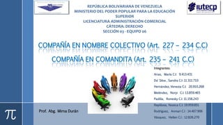 Prof. Abg. Mirna Durán
COMPAÑÍA EN NOMBRE COLECTIVO (Art. 227 – 234 C.C)
COMPAÑÍA EN COMANDITA (Art. 235 – 241 C.C)
REPÚBLICA BOLIVARIANA DE VENEZUELA
MINISTERIO DEL PODER POPULAR PARA LA EDUCACIÓN
SUPERIOR
LICENCIATURA ADMINISTRACIÓN COMERCIAL
CÁTEDRA: DERECHO
SECCIÓN 03 - EQUIPO 06
Integrantes:
Arias, María C.I: 9.413.431
Da` Silva , Sandra C.I: 11.311.710
Hernández, Venezia C.I: 20.910.268
Meléndez, Noryi C.I: 13.859.465
Padilla, Ronesky C.I: 11.158.243
Repillosa, Yessica C.I: 19.959.851
Rodríguez, Anmari C.I : 14.407.906
Vásquez, Hellen C.I : 12.826.270
 