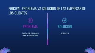 SOLUCION
SOFOZER
FALTA DE PAGINAS
WEB Y SOFTWARE
PROBLEMA
PRICIPAL PROBLEMA VS SOLUCION DE LAS EMPRESAS DE
LOS CLIENTES
 