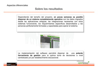 Aspectos diferenciales
                              Sobre los resultados

           Dependiendo del tamaño del proyecto, en pocas semanas es posible
            Dependiendo del tamaño del proyecto, en pocas semanas es posible
           disponer de un sistema completamente operativo con los datos migrados
            disponer de un sistema completamente operativo con los datos migrados
           desde las aplicaciones antiguas, las integraciones necesarias con otros
            desde las aplicaciones antiguas, las integraciones necesarias con otros
           sistemas funcionando, los requerimientos específicos desarrollados yy las
            sistemas funcionando, los requerimientos específicos desarrollados    las
           personas perfectamente formadas yycapacitadas para operar el sistema.
            personas perfectamente formadas capacitadas para operar el sistema.




           La implementación del software permitirá disponer
            La implementación del software permitirá disponer    de
                                                                  de una potente
                                                                        una potente
           herramienta de gestión para la optima toma de
            herramienta de gestión para la optima toma de        decisiones aa nivel
                                                                  decisiones    nivel
           centralizado y/o por establecimiento educacional.
            centralizado y/o por establecimiento educacional.
                                                                             Educación
 