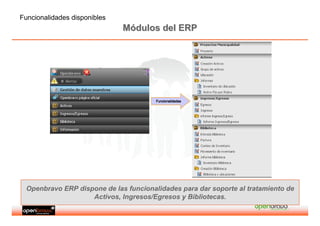 Funcionalidades disponibles
                              Módulos del ERP




                                        Funcionalidades




  Openbravo ERP dispone de las funcionalidades para dar soporte al tratamiento de
                    Activos, Ingresos/Egresos y Bibliotecas.        Educación
 