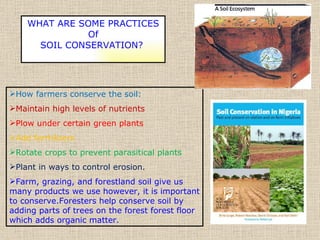 WHAT ARE SOME PRACTICES Of SOIL CONSERVATION?   How farmers conserve the soil: Maintain high levels of nutrients Plow under certain green plants Add ferrtilizers Rotate crops to prevent parasitical plants Plant in ways to control erosion. Farm, grazing, and forestland soil give us many products we use however, it is important to conserve.Foresters help conserve soil by adding parts of trees on the forest forest floor which adds organic matter. 