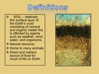 SOIL   – relatively thin surface layer of the Earth’s crust consisting of mineral and organic matter tha is affected by agents such as weather, wind, water, and organisms. Natural resource. Home to many animals Direct and indirect source of food for much of life on Earth. 