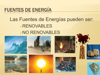 FUENTES DE ENERGÍA
  Las Fuentes de Energías pueden ser:
      RENOVABLES

      NO   RENOVABLES
 