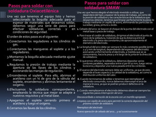 Pasos para soldar con
soldadura Oxiacetilénica
Pasos para soldar con
soldadura SMAW
Una vez que tenemos el equipo listo y hemos
seleccionado la boquilla adecuada para el
espesor de materiales que deseamos soldar,
debemos seguir una serie de pasos para
efectuar soldaduras correctas y en
condiciones de seguridad.
El orden de estos pasos es el siguiente:
1.Conectamos los reguladores a los cilindros de
gas.
2.Conectamos las mangueras al soplete y a los
reguladores.
3.Montamos la boquilla adecuada mediante ajuste
manual.
4.Regulamos la presión de trabajo mediante la
apertura de las llaves de los cilindros y
accionando las manijas de regulación.
5.Encendemos el soplete. Para ello, abrimos el
acetileno con un ¼ de giro de la válvula del
soplete, encendemos y abrimos lentamente el
oxigeno.
6.Efectuamos la soldadura correspondiente,
empleando la técnica que mejor se adapte a
nuestros requisitos y al metal base.
7.Apagamos el soplete cerrando primero el
acetileno y luego el oxígeno.
8.Cerramos las llaves de los cilindros.
Una vez que hemos elegido el electrodo revestido a utilizar, que
dependerá del tipo y espesor de la pieza de trabajo, así como de
la posición de soldadura y las características de la soldadura que
deseamos obtener, tenemos que limpiar perfectamente la pieza de
trabajo mediante un cepillo de acero, eliminando las partículas de
suciedad, grasa, pintura u óxido.
1. Cebado del arco: se basa en el choque de la punta del electrodo con el
metal base o pieza de trabajo.
2. Para trazar el cordón de soldadura, dirigimos el electrodo al punto de
inicio de la soldadura, tratando de que la distancia entre el
electrodo y la pieza sea constante y de aproximadamente el
diámetro del electrodo.
3. La longitud del arco debe ser siempre lo más constante posible (entre
2 y 4 mm de longitud, dependiendo del espesor del electrodo)
acercando uniformemente el electrodo, a medida que se va
consumiento, hacia la pieza y a lo largo de la junta en la dirección
de soldadura.
4. Si queremos reforzar la soldadura, debemos depositar varios
cordones paralelos, separados entre sí por 8-10 mm, luego retirar
la escoria y depositar una nueva pasada entre los cordones.
5. El avance del electrodo siempre debe ser uniforme, ya que de esto
depende el buen aspecto y la calidad de la soldadura, así como la
distribución uniforme del calor.
6. Cuando terminamos de soldar o tenemos que reemplazar el
electrodo consumido, nunca debemos interrumpir el arco de
manera brusca, ya que se podrían producir defectos en la
soldadura.
7. Cuando reemplazamos el electrodo debemos observar siempre los
siguientes pasos:Interrupción del arco
Descascarillado o remoción de la escoria con un martillo apropiado
Limpieza con cepillo de acero para permitir la correcta deposición del
próximo cordón de soldadura
Reemplazo del electrodo
Nueva operación de cebado del arco… y así sucesivamente
 
