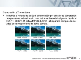 Compresión y Transmisión
• Tenemos 5 niveles de calidad, determinado por el nivel de compresión
que puede ser seleccionado para la transmisión de imágenes desde el
KVT-11. El KVT-11 aplica MPEG-4 AVC/H.264 para la compresión de
video de la imagen tomada por la cámara.
Copyright © 2005 KENWOOD All rights reserved. May not be copied or reprinted without prior written approval. 68
Original Estándar Fina
Muy Fina Súper Fina Premium
 