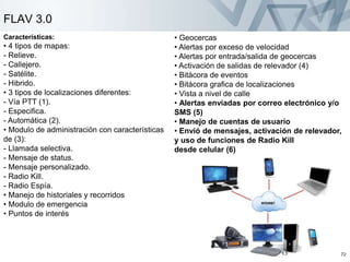 72
FLAV 3.0
Características:
• 4 tipos de mapas:
- Relieve.
- Callejero.
- Satélite.
- Hibrido.
• 3 tipos de localizaciones diferentes:
- Vía PTT (1).
- Especifica.
- Automática (2).
• Modulo de administración con características
de (3):
- Llamada selectiva.
- Mensaje de status.
- Mensaje personalizado.
- Radio Kill.
- Radio Espía.
• Manejo de historiales y recorridos
• Modulo de emergencia
• Puntos de interés
• Geocercas
• Alertas por exceso de velocidad
• Alertas por entrada/salida de geocercas
• Activación de salidas de relevador (4)
• Bitácora de eventos
• Bitácora grafica de localizaciones
• Vista a nivel de calle
• Alertas enviadas por correo electrónico y/o
SMS (5)
• Manejo de cuentas de usuario
• Envió de mensajes, activación de relevador,
y uso de funciones de Radio Kill
desde celular (6)
 