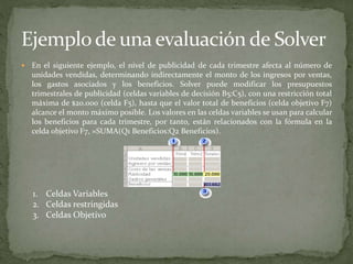  En el siguiente ejemplo, el nivel de publicidad de cada trimestre afecta al número de 
unidades vendidas, determinando indirectamente el monto de los ingresos por ventas, 
los gastos asociados y los beneficios. Solver puede modificar los presupuestos 
trimestrales de publicidad (celdas variables de decisión B5:C5), con una restricción total 
máxima de $20.000 (celda F5), hasta que el valor total de beneficios (celda objetivo F7) 
alcance el monto máximo posible. Los valores en las celdas variables se usan para calcular 
los beneficios para cada trimestre, por tanto, están relacionados con la fórmula en la 
celda objetivo F7, =SUMA(Q1 Beneficios:Q2 Beneficios). 
1. Celdas Variables 
2. Celdas restringidas 
3. Celdas Objetivo 
 