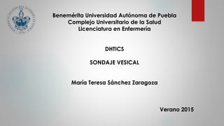 Benemérita Universidad Autónoma de Puebla
Complejo Universitario de la Salud
Licenciatura en Enfermería
DHTICS
SONDAJE VESICAL
María Teresa Sánchez Zaragoza
Verano 2015
 