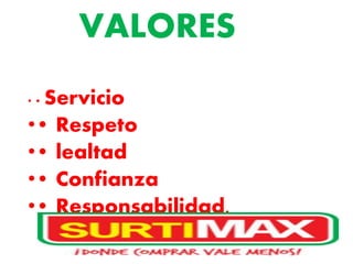 VALORES
• • Servicio
•• Respeto
•• lealtad
•• Confianza
•• Responsabilidad.
 