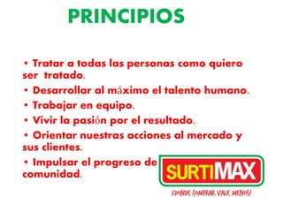 PRINCIPIOS
• Tratar a todas las personas como quiero
ser tratado.
• Desarrollar al máximo el talento humano.
• Trabajar en equipo.
• Vivir la pasión por el resultado.
• Orientar nuestras acciones al mercado y
sus clientes.
• Impulsar el progreso de nuestra
comunidad.
 