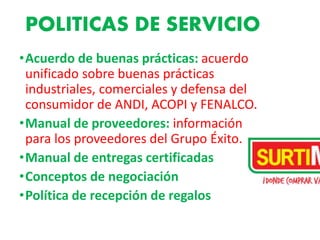 POLITICAS DE SERVICIO
•Acuerdo de buenas prácticas: acuerdo
unificado sobre buenas prácticas
industriales, comerciales y defensa del
consumidor de ANDI, ACOPI y FENALCO.
•Manual de proveedores: información
para los proveedores del Grupo Éxito.
•Manual de entregas certificadas
•Conceptos de negociación
•Política de recepción de regalos
 