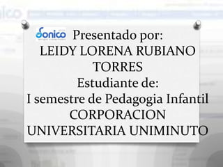 Presentado por:
   LEIDY LORENA RUBIANO
            TORRES
         Estudiante de:
I semestre de Pedagogia Infantil
       CORPORACION
UNIVERSITARIA UNIMINUTO
 
